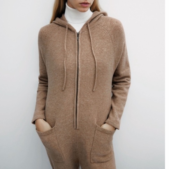 Zara Knit Camel Zip-Up Hooded Jumpsuit - Picture 2 of 8
